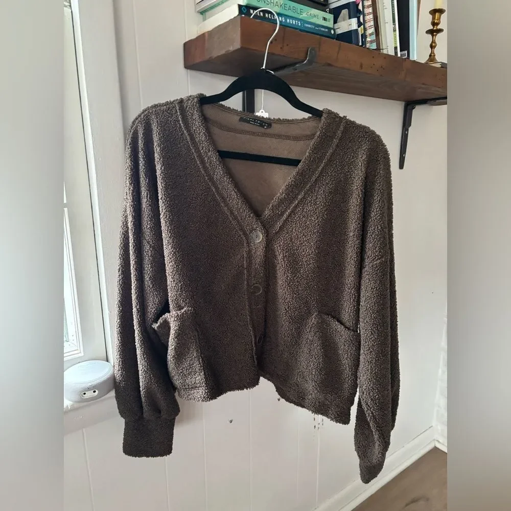 Final Touch Brown Teddy Sherpa balloon sleeve Button-Up Cardigan